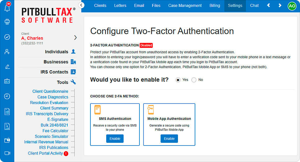 Screenshot of the two-factor authentication configuration screen