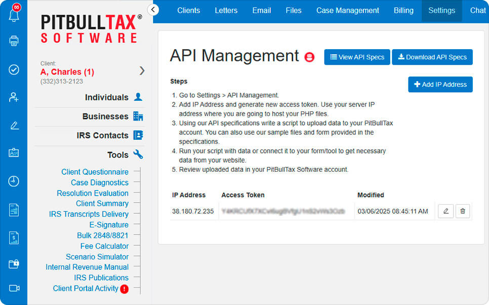 Screenshot of the API management tool