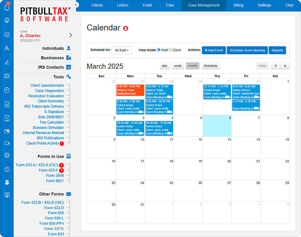 Screenshot of the Case Management calendar