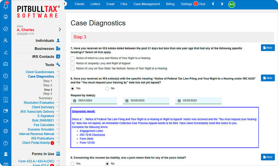 Screenshot of the Case Diagnostics tool