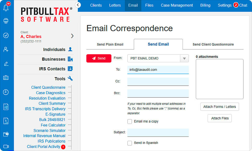 A screenshot of the email correspondence tool