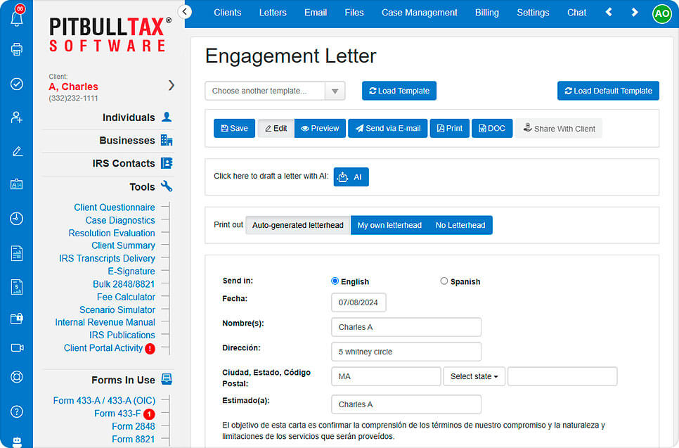 A screenshot of the engagement letter tool of the software.