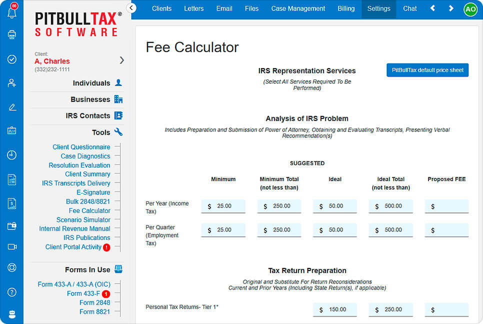 A screenshot of the fee calculator tool