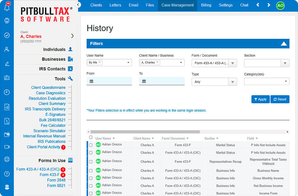 A screenshot of PitBullTax's history log tool