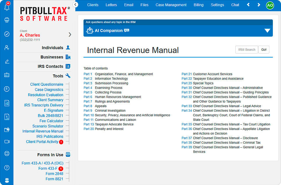 Screenshot of PitBullTax's version of the Internal Revenue Manual