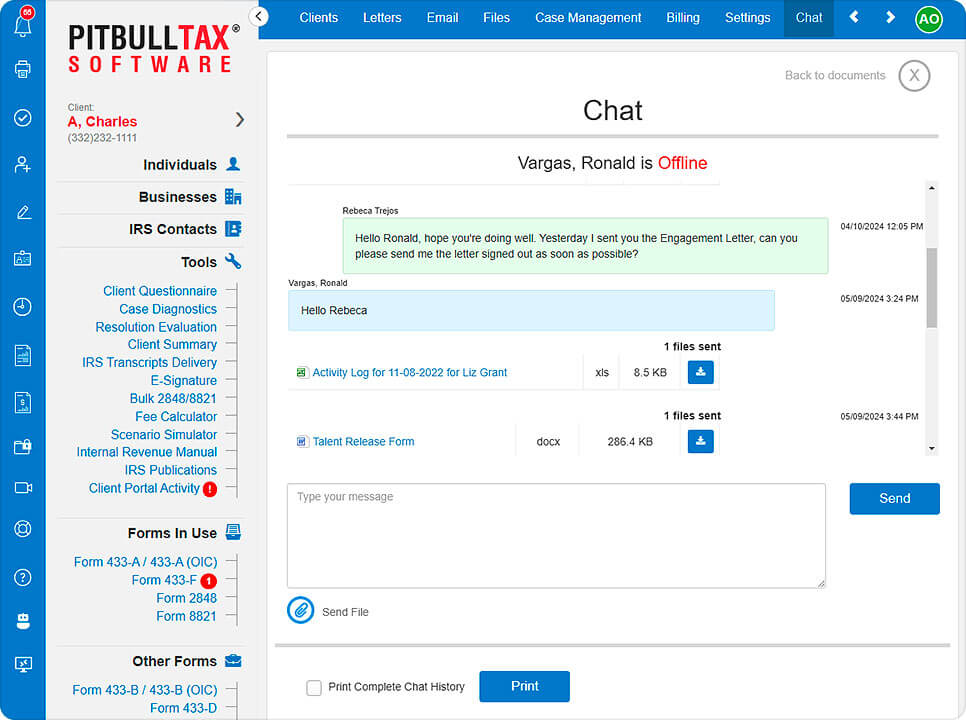 A screenshot of the Client Portal chat log