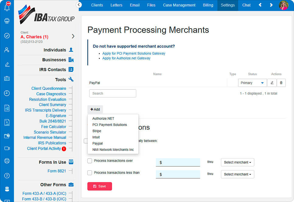 Screenshot of PitBullTax payment processing add-on