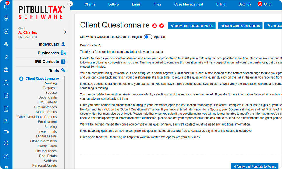 A screenshot of the client questionnaire tool of the software