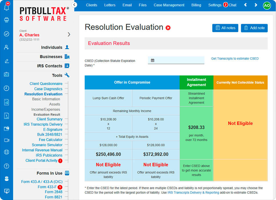 Screenshot of the tax resolution evaluation tool