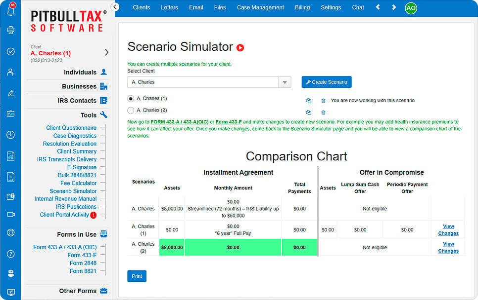 Screenshot of PitBullTax's scenario simulator tool