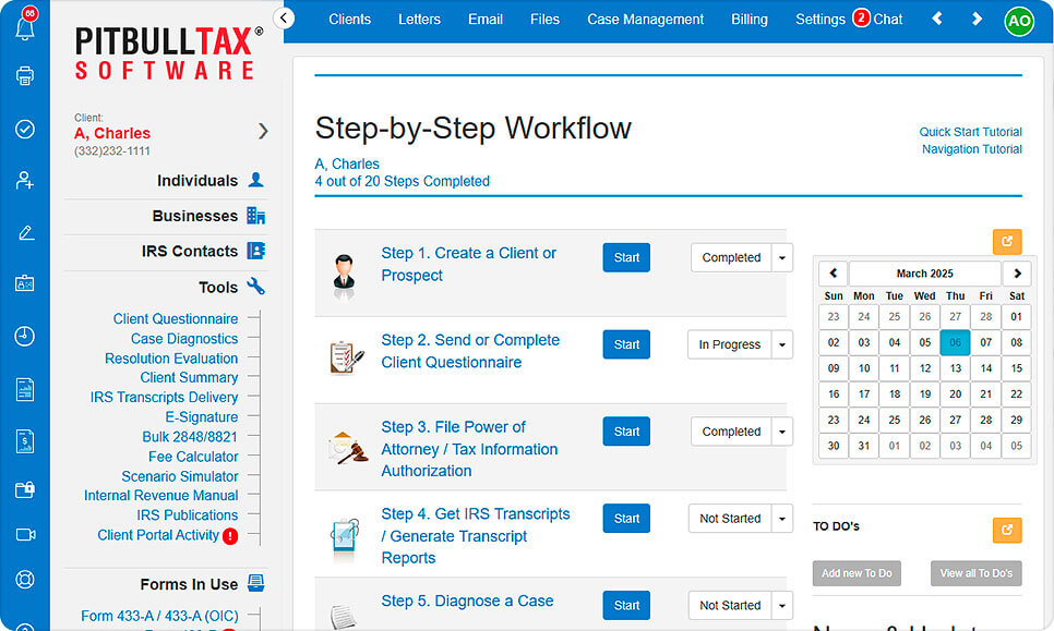 Screenshot of PitBullTax's step-by-step tax resolution workflow