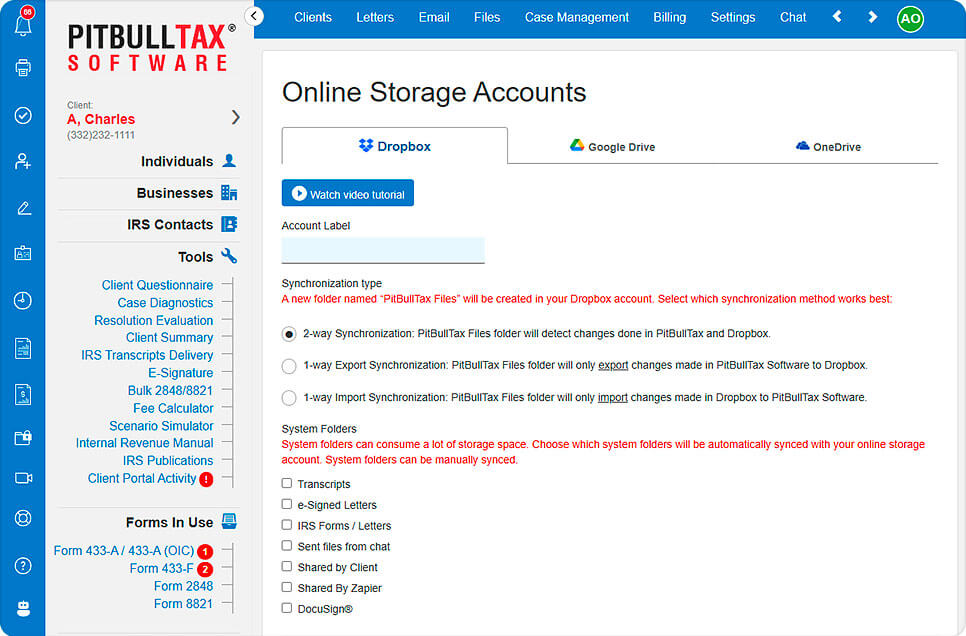 A screenshot of the syncronization configuration tool