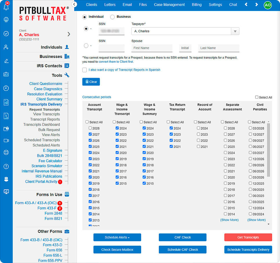 Screenshot of PitBullTax IRS Transcripts tool