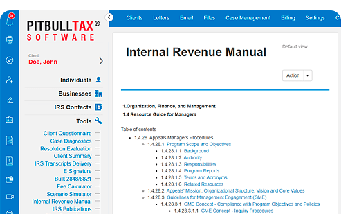 Screenshot of PitBullTax's version of the Internal Revenue Manual