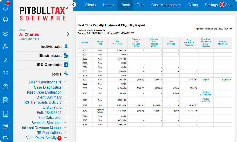 Picture of a First Penalty Abatement eligibility report